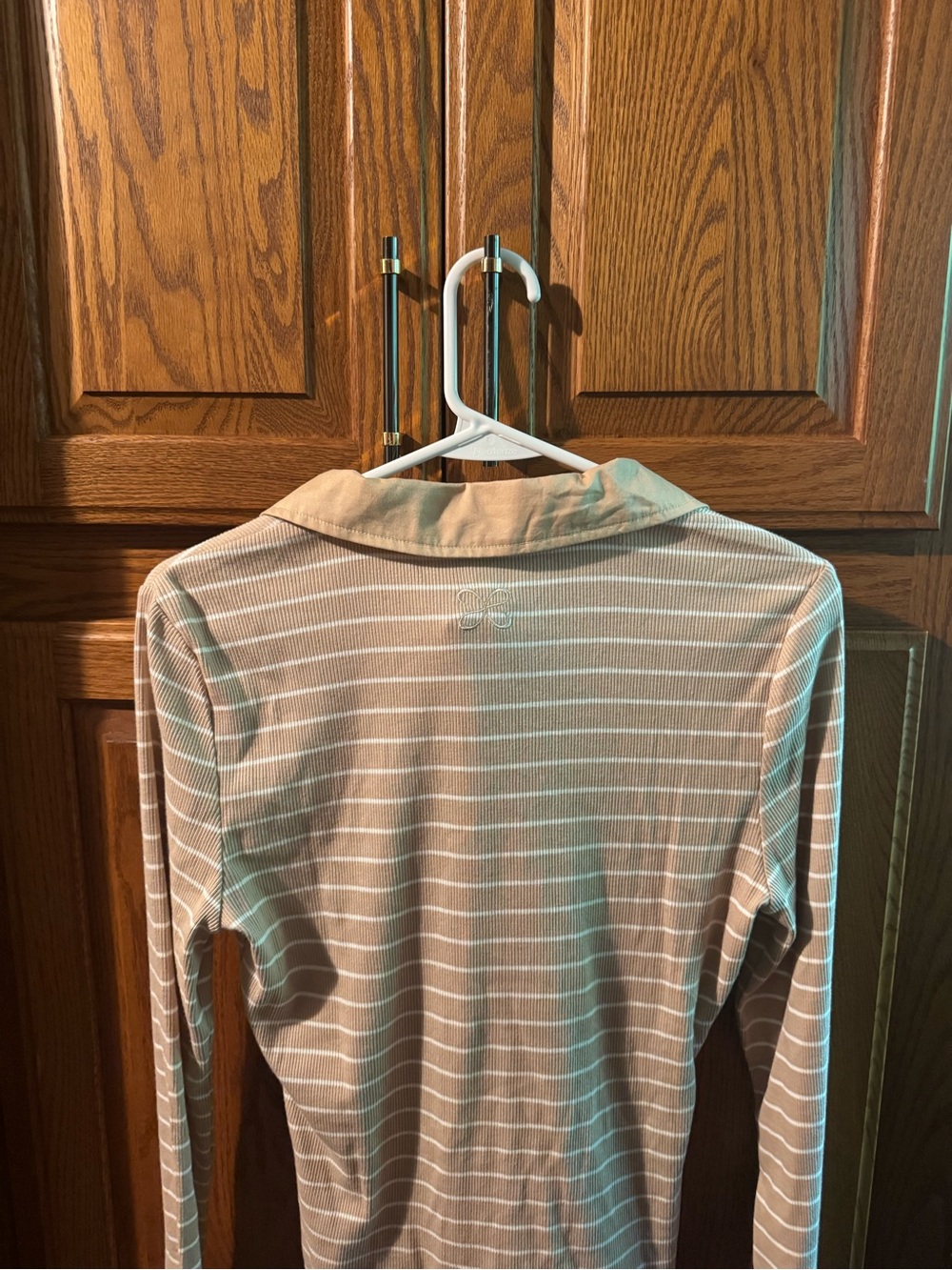 Maeve Beige and White Striped Tie-Front Long Sleeve Polo - Picture 2 of 3